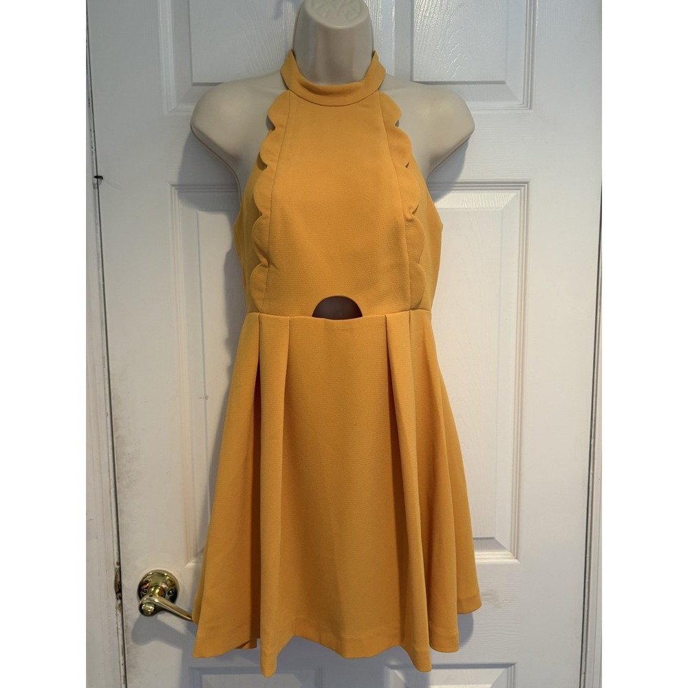 BCBGeneration Gold Halter Scallop Cutout Fit Flare Mini Dress GEF64F45 2 NWT